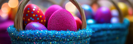 A vibrant basket filled with colorful Easter eggs adorned with sparkling glitter ,.,の素材