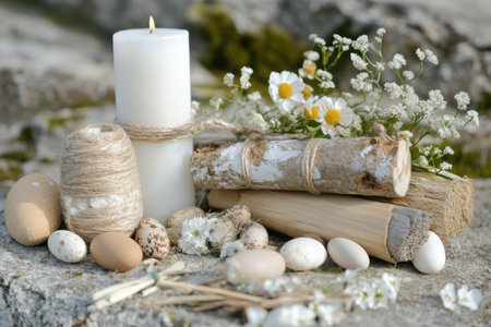 Colorful eggs and candles on a rock create a festive Easter ambiance ,.,の素材
