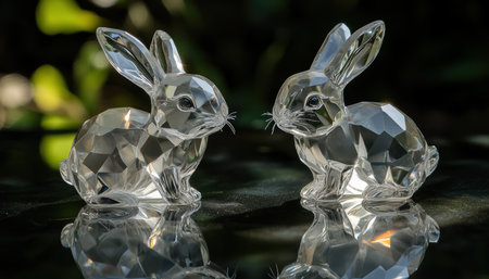 Two crystal rabbits sit on a table, reflecting Easter's charm and elegance ,.,の素材