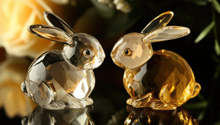 Two glass rabbits sit side by side on a table, symbolizing Easter joy and springtime celebration ,.,の素材