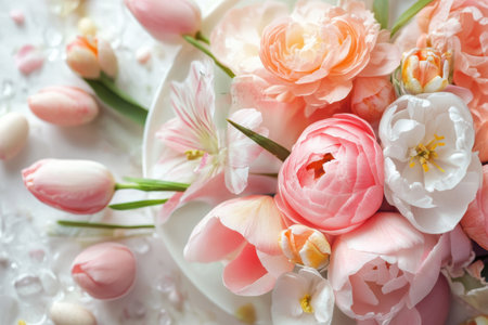 A festive table adorned with vibrant pink flowers for Easter celebrations ,.,の素材