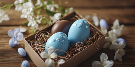 Three decorated eggs in a floral box on a table, celebrating Easter traditions ,.,の素材