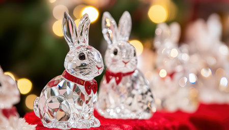 Glass rabbits adorn a vibrant red cloth, celebrating the spirit of Easter ,.,の素材