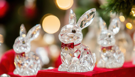 Colorful glass rabbits decorate a vibrant red table for an Easter celebration ,.,の素材