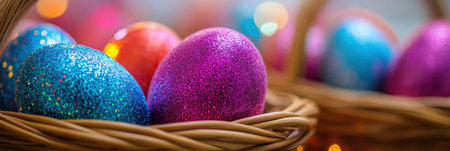 Vibrant Easter eggs in a basket illuminated by twinkling lights ,.,の素材