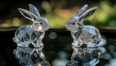 Two crystal rabbits rest on a table, beautifully reflecting their surroundings ,.,の素材