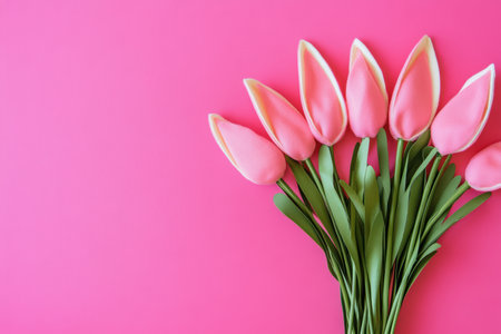 Vibrant pink tulips bloom against a soft pink backdrop, celebrating spring's beauty ,.,の素材
