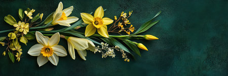 Bright yellow flowers on a vibrant green background, celebrating the spirit of Easter ,.,の素材