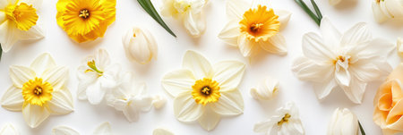 A vibrant display of colorful flowers celebrating the joy of Easter on a clean white surface ,.,の素材