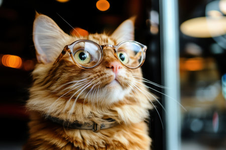 A playful cat wearing glasses gazes curiously out the window on Easter morning ,.,の素材