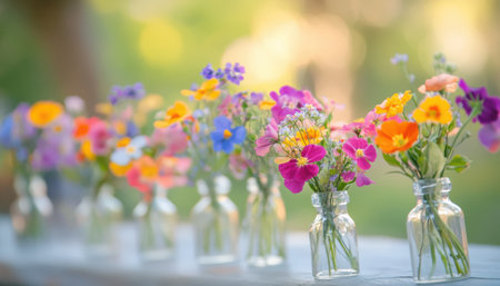 Colorful flowers in small vases adorn a table, celebrating the joy of Easter ,.,の素材