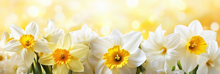 Bright white and yellow flowers bloom vibrantly in a sunny Easter field ,.,の素材
