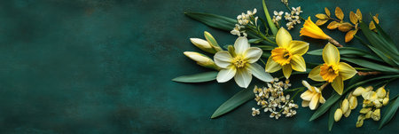 Bright yellow and white flowers bloom vibrantly against a lush green backdrop, celebrating Easter's arrival ,.,の素材