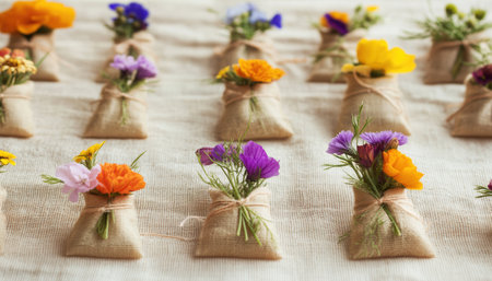 Brightly colored bags filled with flowers adorn a festive table for Easter celebrations ,.,の素材