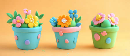 Colorful clay pots with flowers and leaves decorate a table for Easter celebrations ,.,の素材