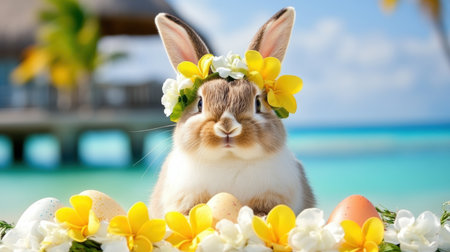 A rabbit adorned with a flower crown celebrates Easter in a cheerful spring scene ,.,の素材