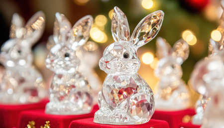 Crystal rabbits adorn a vibrant red table, perfect for Easter celebrations ,.,の素材