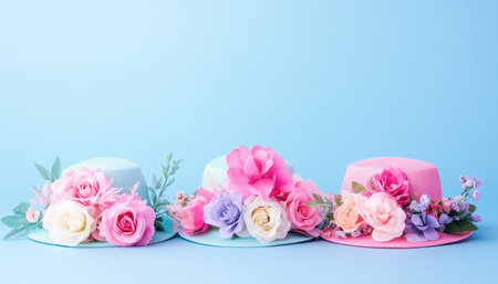 Three colorful hats adorned with flowers rest on a vibrant blue surface, celebrating spring's beauty ,.,の素材