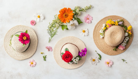 Three floral hats are arranged neatly on a table, perfect for an Easter celebration ,.,の素材