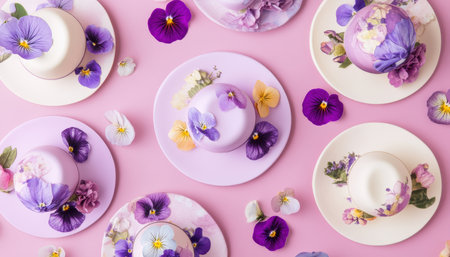 Beautiful purple and white Easter cakes adorned with flowers on a soft pink background ,.,の素材