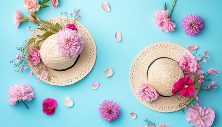 Two colorful hats adorned with flowers on a vibrant blue surface for a festive Easter look ,.,の素材