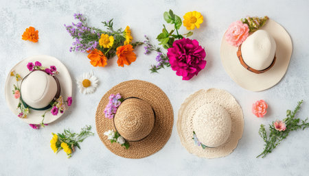 A festive table displays three colorful hats alongside a plate adorned with fresh flowers ,.,の素材