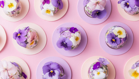 A festive Easter cupcake decorated with colorful flowers on a delicate plate ,.,の素材