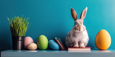 A rabbit sits on a table beside a book and colorful eggs, celebrating Easter festivities ,.,の素材