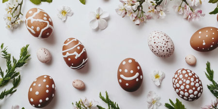 A festive table adorned with colorful eggs and vibrant flowers for Easter celebration ,.,の素材