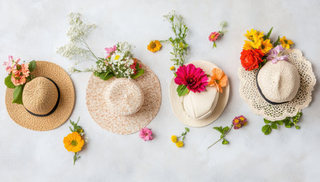 Three floral hats displayed elegantly on a table, perfect for Easter celebrations ,.,の素材