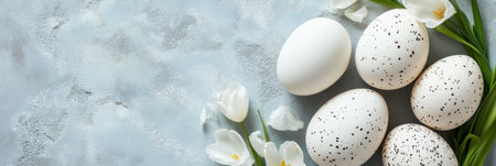Four colorful eggs and two vibrant flowers are arranged on a blue surface for Easter celebration ,.,の素材