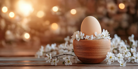 A wooden bowl holds a white egg surrounded by colorful flowers, symbolizing Easter's beauty and renewal ,.,の素材