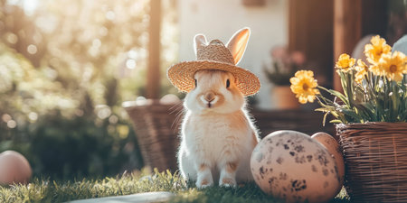 A cute rabbit in a straw hat sits beside colorful Easter eggs ,.,の素材