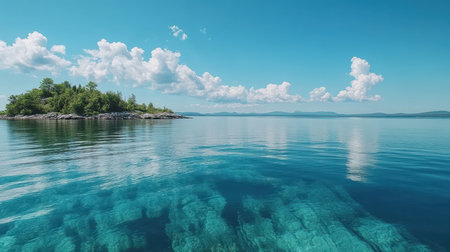 A serene small island surrounded by calm water, showcasing tranquil nature and inviting landscapes under a clear sky,.の素材