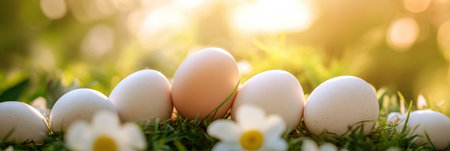 Colorful eggs nestled in grass with cheerful daisies in the background for Easter celebration ,.,の素材