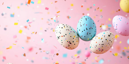 Three colorful eggs soar gracefully through the sky, celebrating the joy of Easter ,.,の素材