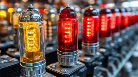 A metal rack displays an array of colorful lights, showcasing various hues that illuminate the surrounding area in a vibrant and striking manner,.の素材