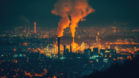 An industrial factory emits smoke from towering stacks, set against a night city skyline, highlighting urban industry and environmental concerns,.の素材