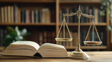 A table displays a book alongside a scale, illustrating a balance between knowledge and measurement in a thoughtful arrangement,.の素材