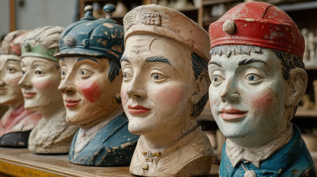 A close-up view of wooden heads arranged neatly on a shelf, showcasing intricate craftsmanship and unique artistic features of each piece,.の素材
