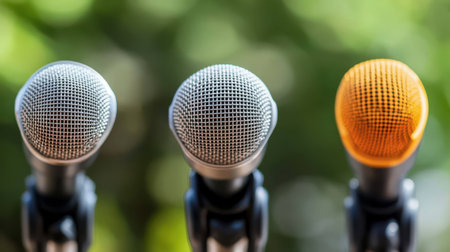Three microphones are displayed prominently against a vibrant green background, with one microphone highlighted in yellow, showcasing their distinct features,.の素材