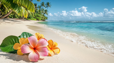 A vibrant pink and yellow flower rests on the sandy beach, close to the gentle waves of the water, showcasing nature's beauty in a serene setting,.の素材