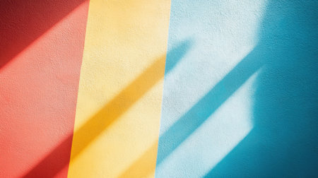 A vibrant wall displays the distinct shadow of a ladder, creating an artistic interplay between color and form,.の素材