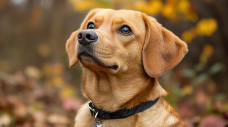 A curious dog gazes upward, intrigued by an unseen object or movement above, showcasing its attentive nature and playful spirit,.の素材