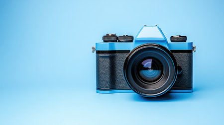 A detailed close-up of a camera showcasing its lens, set against a vibrant blue background, highlighting its intricate design and features,.の素材