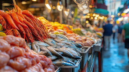 A vibrant seafood market showcasing an array of fresh fish, shellfish, and crustaceans, highlighting the diversity of marine delicacies available,.の素材