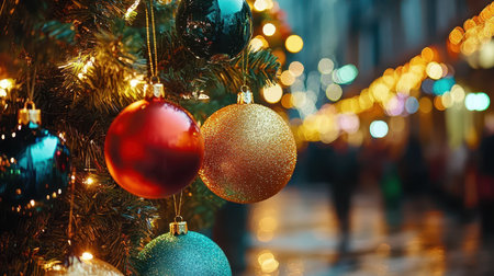 A vibrant Christmas tree adorned with a variety of ornaments, displayed on a bustling street, creating a festive and cheerful atmosphere,.の素材