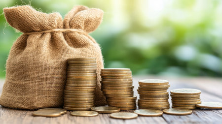 A detailed close-up showing a bag of coins alongside a neatly arranged pile of coins, highlighting their texture and shine,.の素材