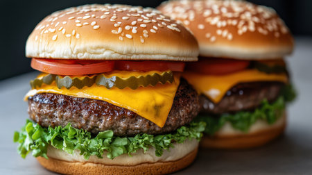 Two juicy hamburgers topped with cheese and pickles placed on a wooden table, showcasing a delicious meal ready to be enjoyed,.の素材