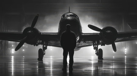A aircraft technician stands confidently in front of a sleek aircraft inside a spacious hangar, showcasing expertise and aviation professionalism,.の素材